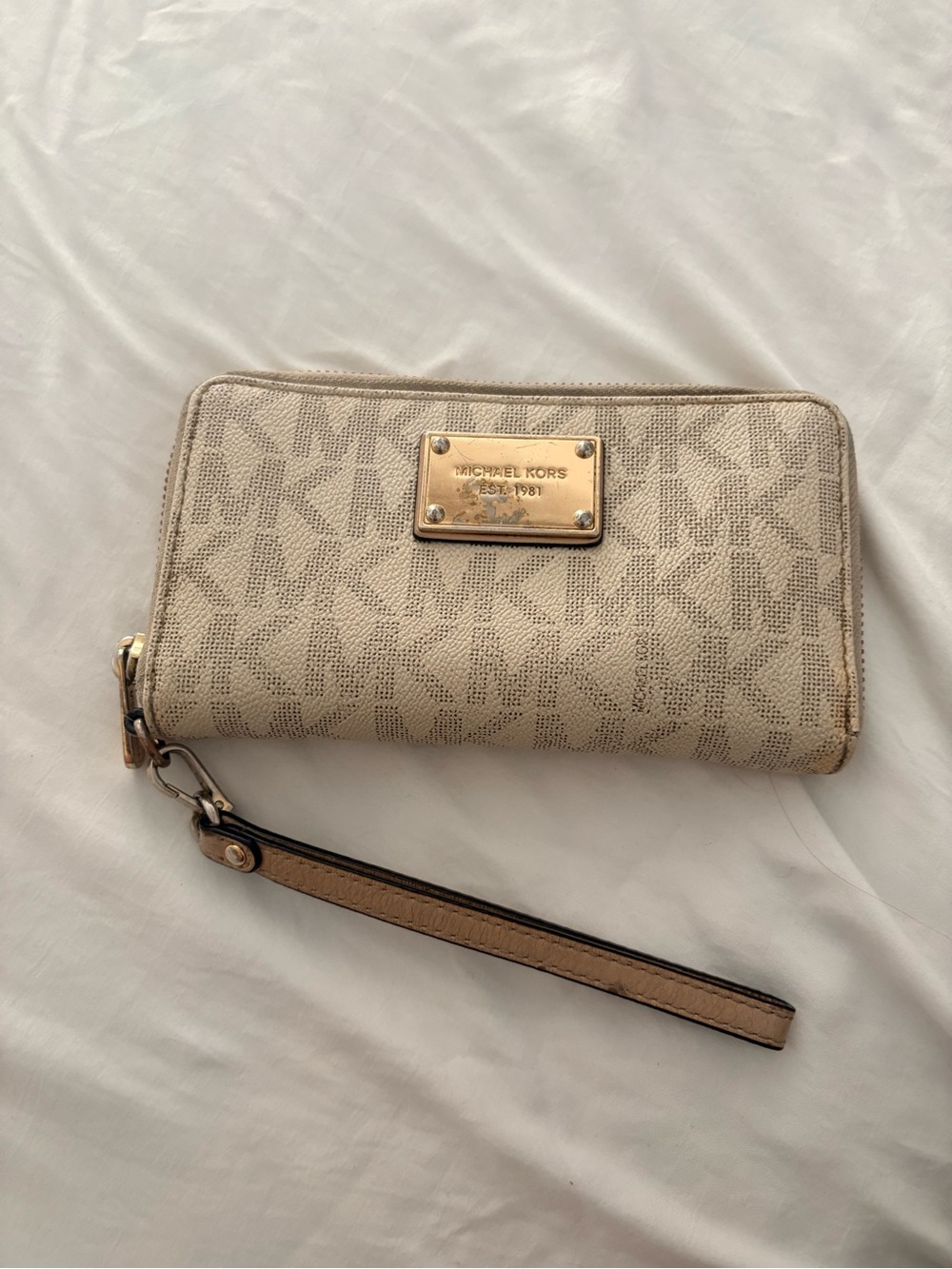 Michael Kors Beige Monogram Zip Wristlet with Gold Plaque